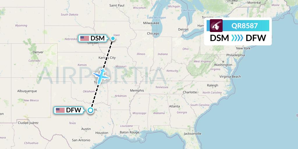 QR8587 Qatar Airways Flight Map: Des Moines to Dallas