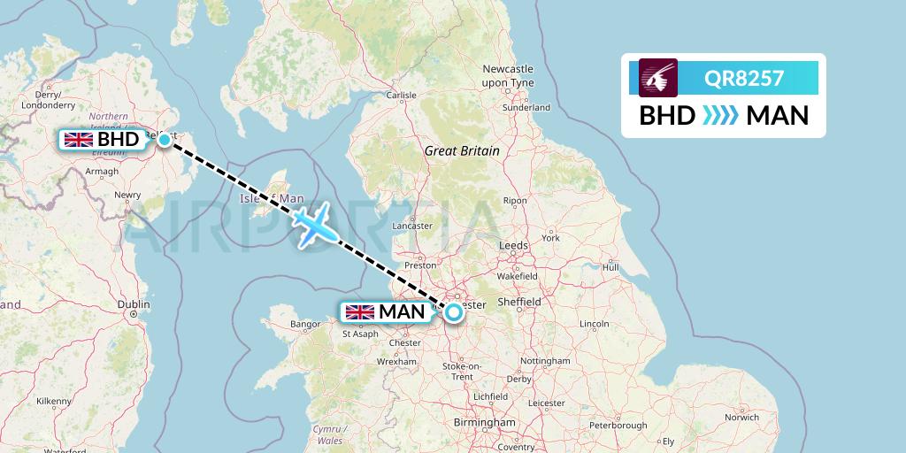 QR8257 Qatar Airways Flight Map: Belfast to Manchester