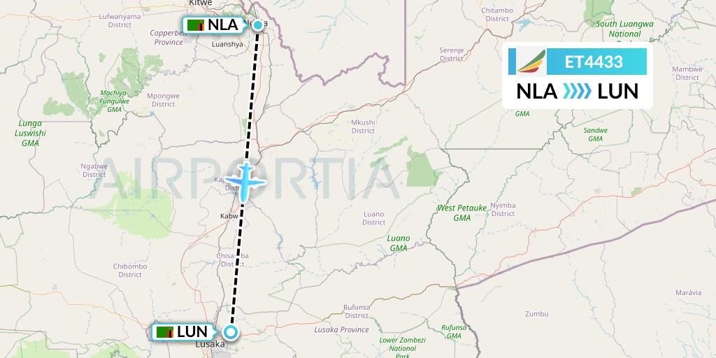 ET4433 Ethiopian Airlines Flight Map: Ndola to Lusaka