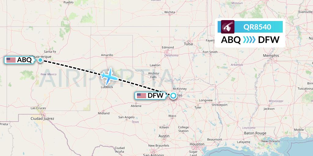 QR8540 Qatar Airways Flight Map: Albuquerque to Dallas