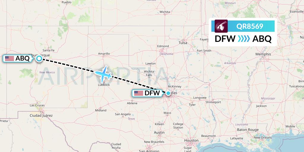 QR8569 Qatar Airways Flight Map: Dallas to Albuquerque