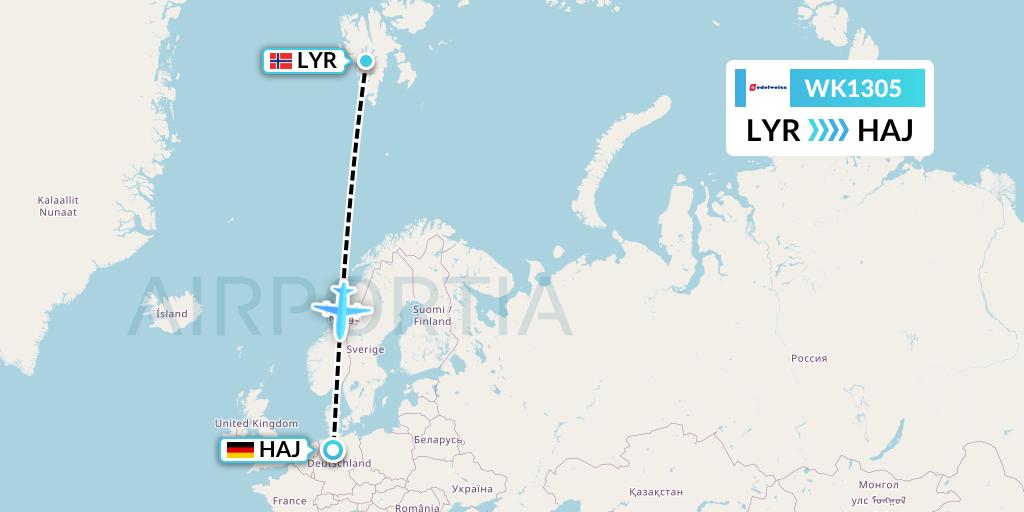 WK1305 Edelweiss Air Flight Map: Longyearbyen to Hannover