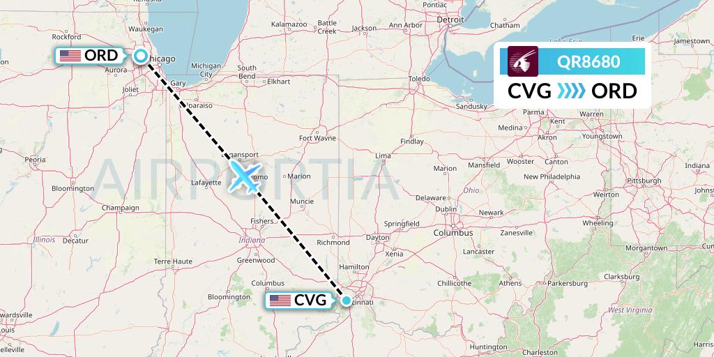 QR8680 Qatar Airways Flight Map: Cincinnati to Chicago