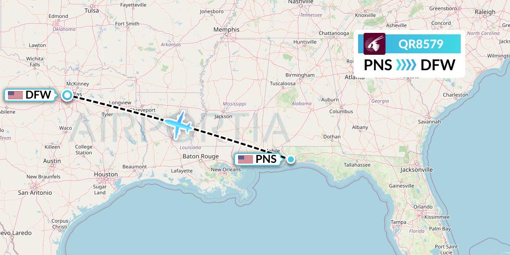 QR8579 Qatar Airways Flight Map: Pensacola to Dallas