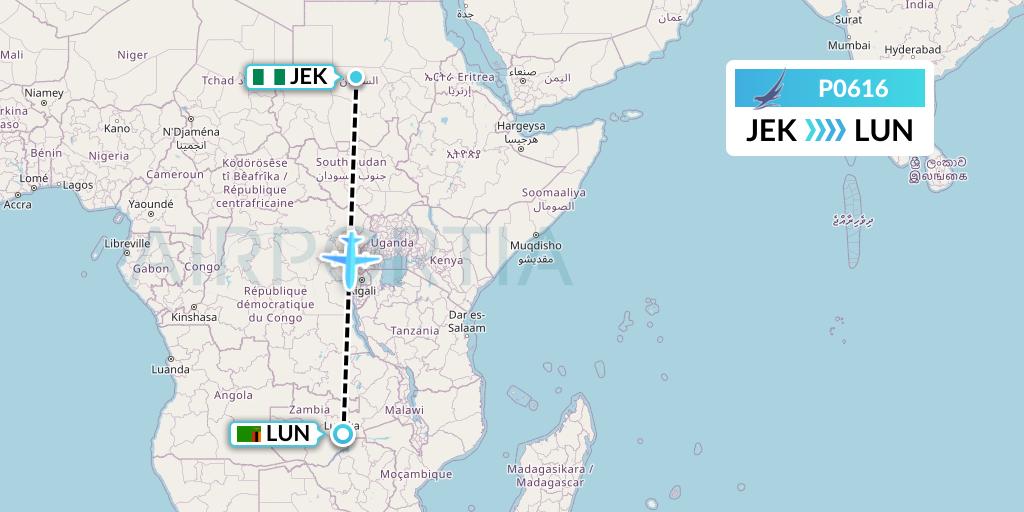 P0616 Proflight Air Services Flight Map: Lagos to Lusaka