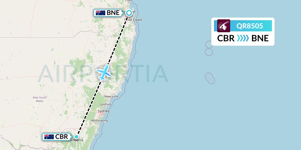 QR8505 Qatar Airways Flight Map: Canberra to Brisbane