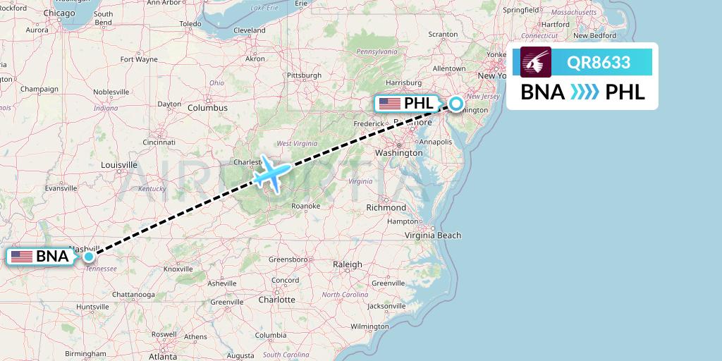 QR8633 Qatar Airways Flight Map: Nashville to Philadelphia