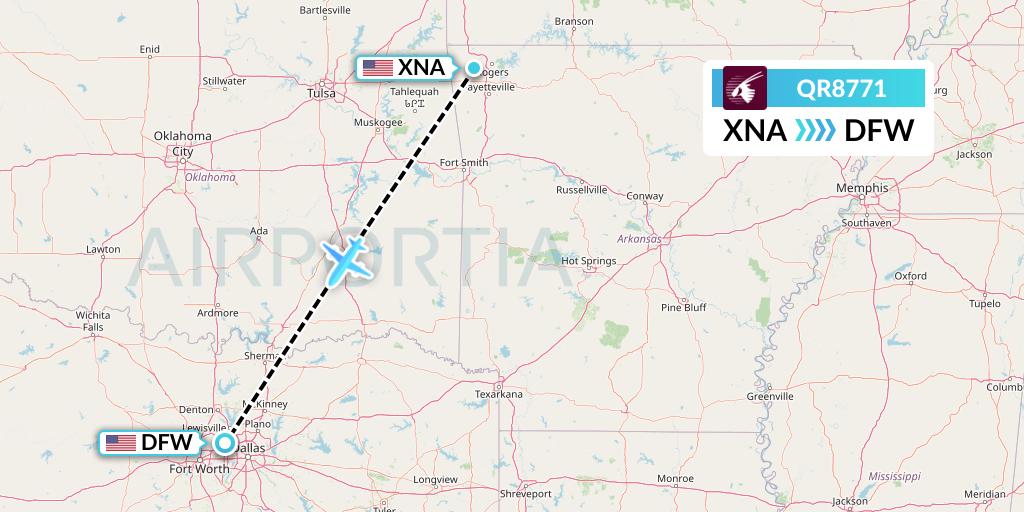 QR8771 Qatar Airways Flight Map: Bentonville to Dallas