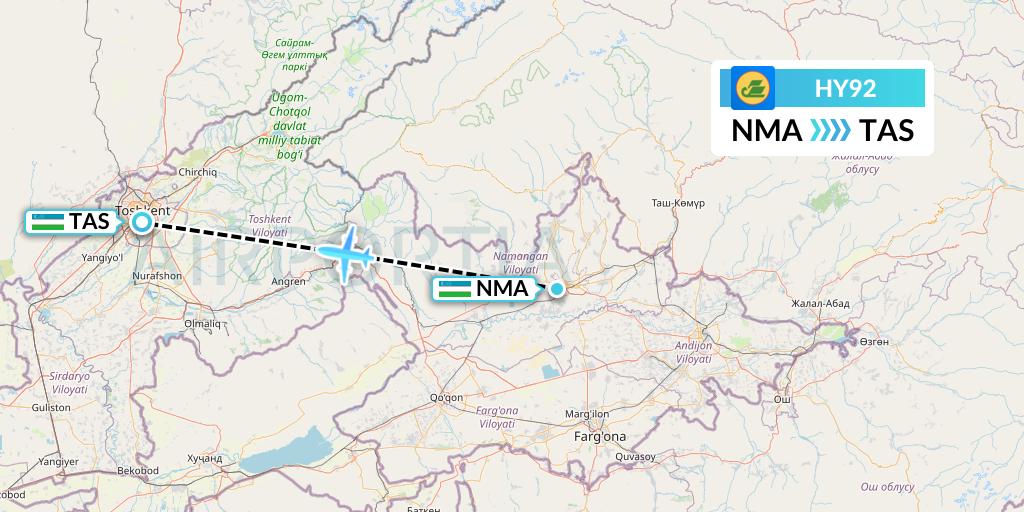 HY92 Uzbekistan Airways Flight Map: Namangan to Tashkent