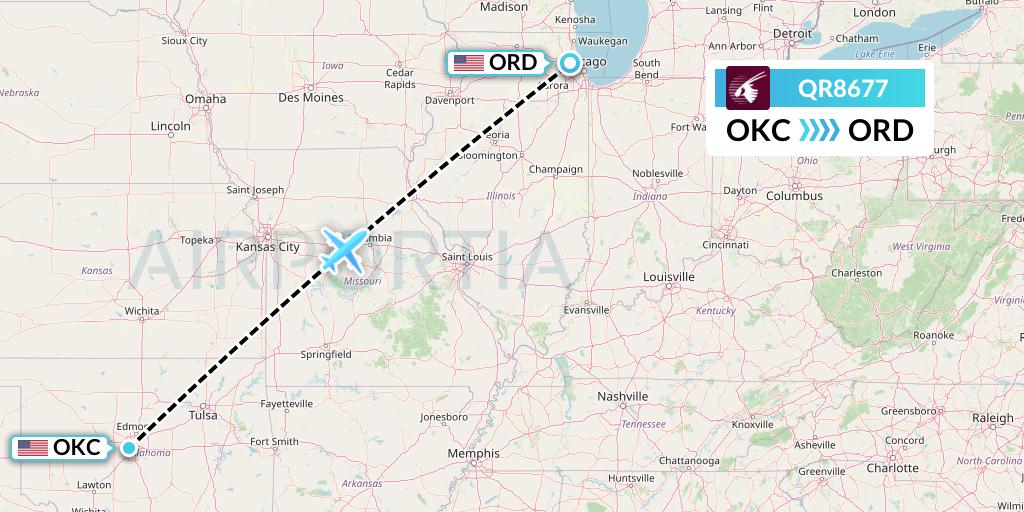 QR8677 Qatar Airways Flight Map: Oklahoma City to Chicago