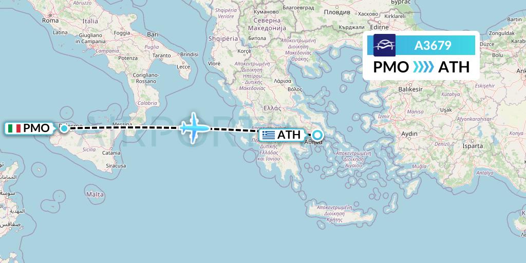 A3679 Aegean Airlines Flight Map: Palermo to Athens