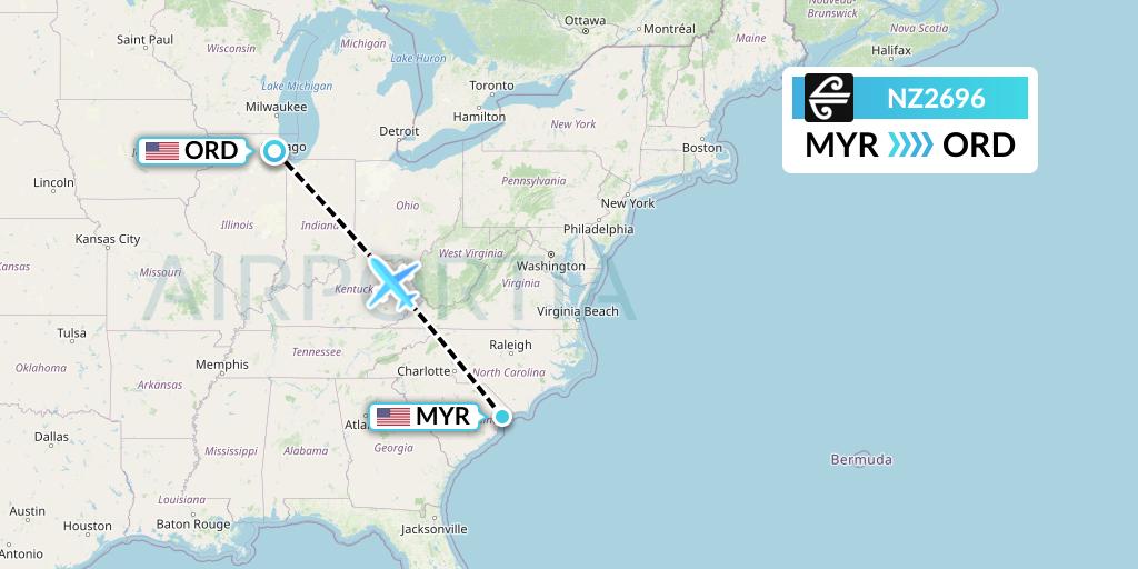 NZ2696 Air New Zealand Flight Map: Myrtle Beach to Chicago