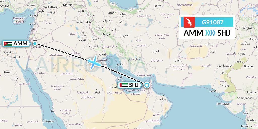 G91087 Air Arabia Flight Map: Amman to Sharjah