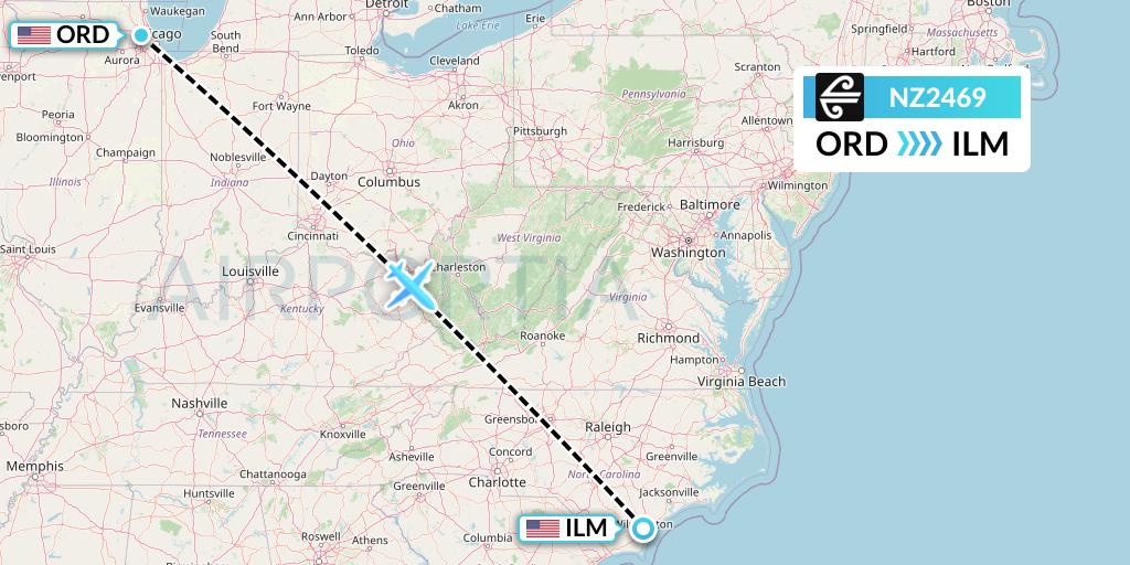 NZ2469 Air New Zealand Flight Map: Chicago to Wilmington