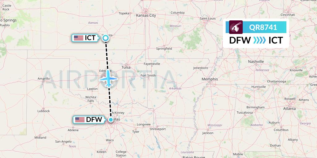 QR8741 Qatar Airways Flight Map: Dallas to Wichita