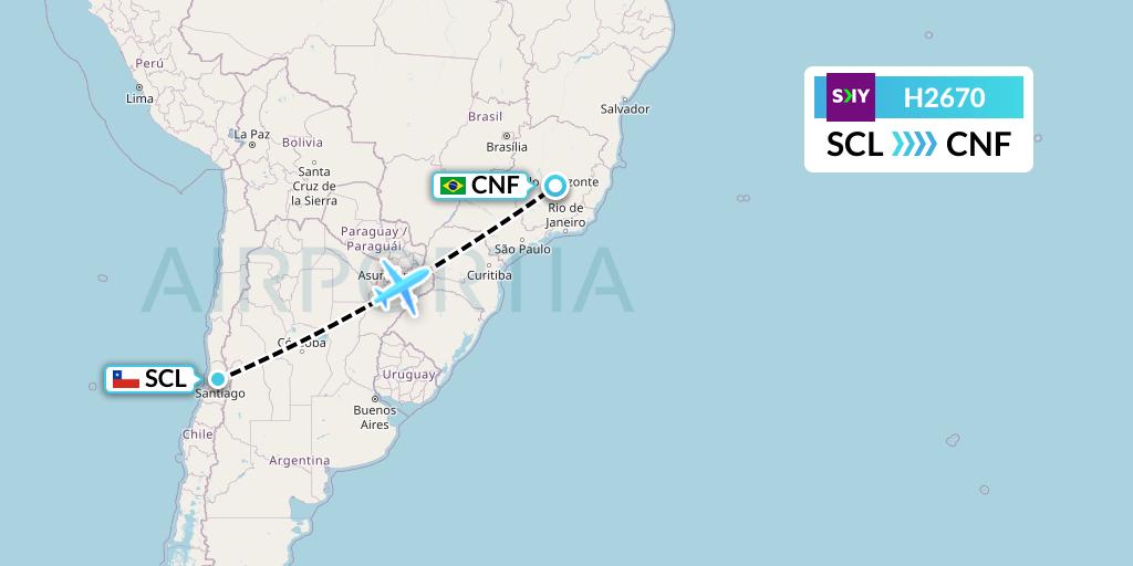 H2670 Sky Airline Flight Map: Santiago to Belo Horizonte