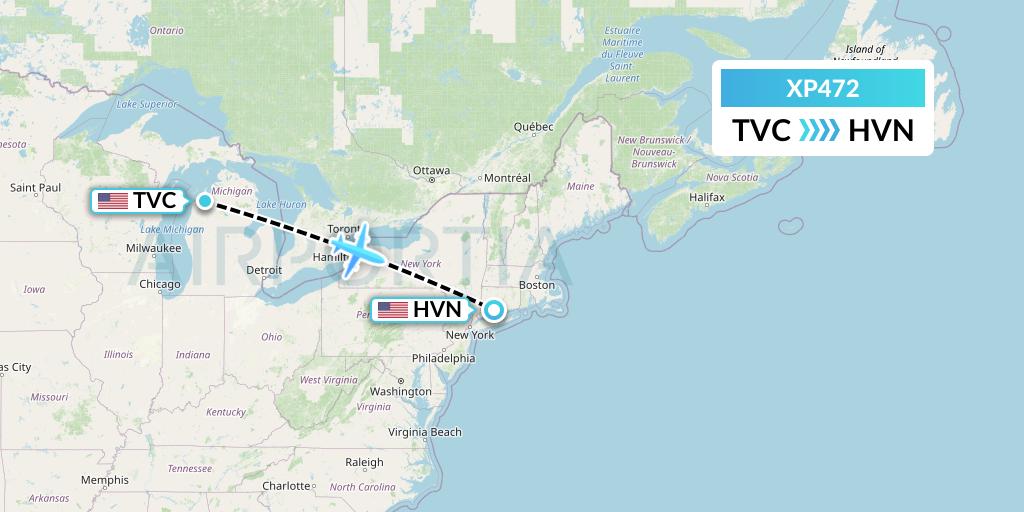 XP472 Avelo Airlines Flight Map: Traverse City to New Haven