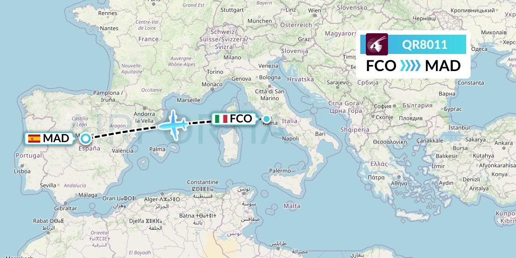 QR8011 Qatar Airways Flight Map: Rome to Madrid