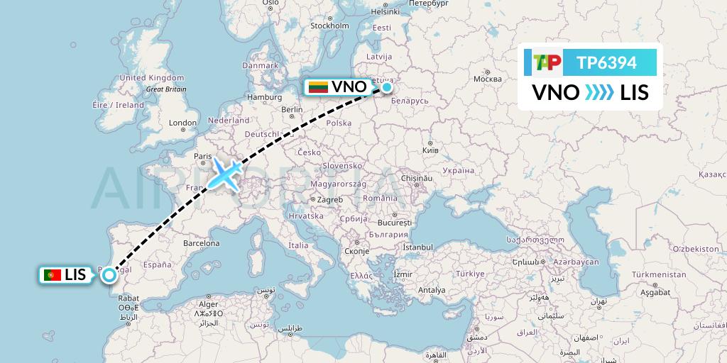 TP6394 TAP Portugal Flight Map: Vilnius to Lisbon
