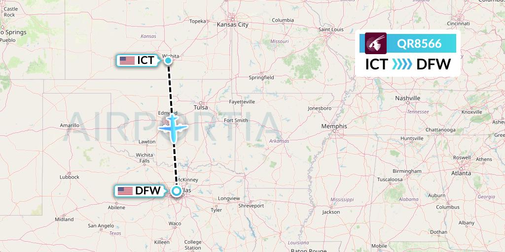 QR8566 Qatar Airways Flight Map: Wichita to Dallas