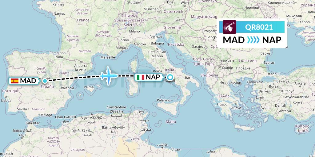 QR8021 Qatar Airways Flight Map: Madrid to Naples