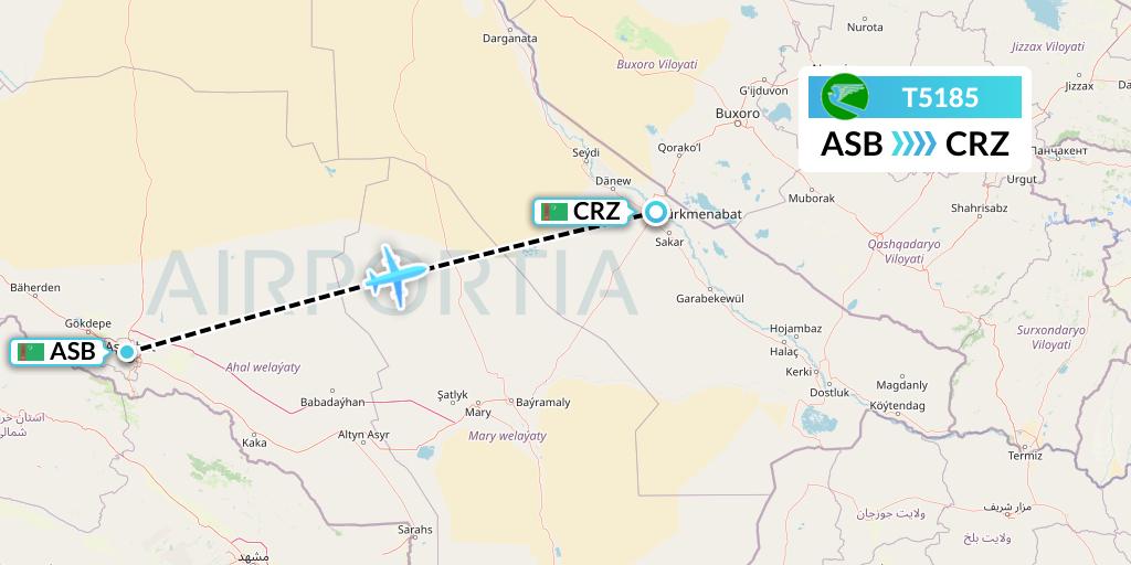 T5185 Turkmenistan Airlines Flight Map: Ashgabat to Turkmenabat