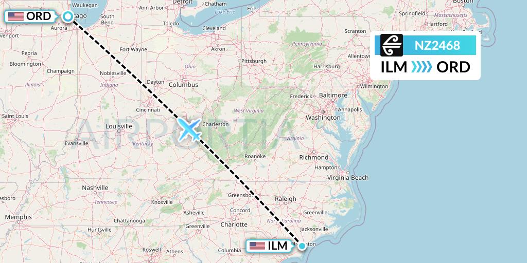 NZ2468 Air New Zealand Flight Map: Wilmington to Chicago