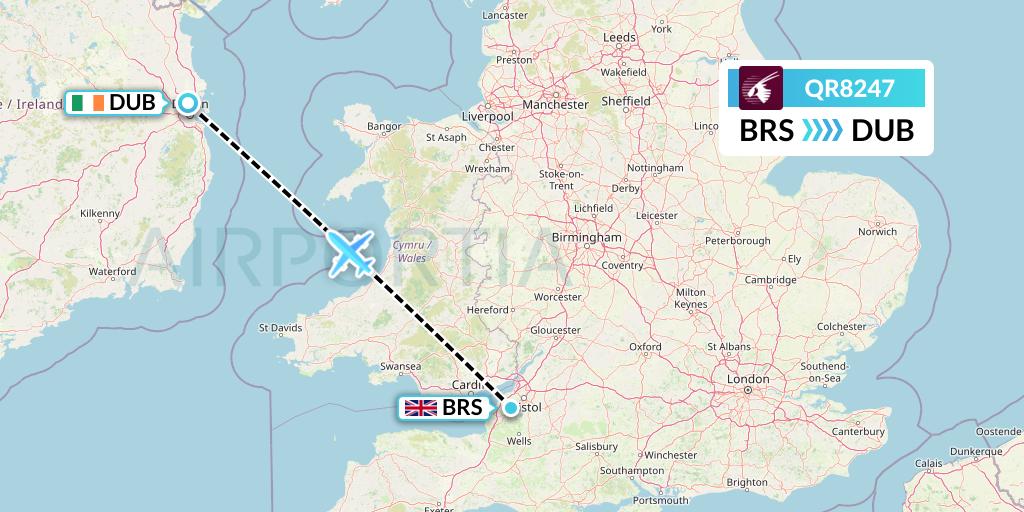 QR8247 Qatar Airways Flight Map: Bristol to Dublin
