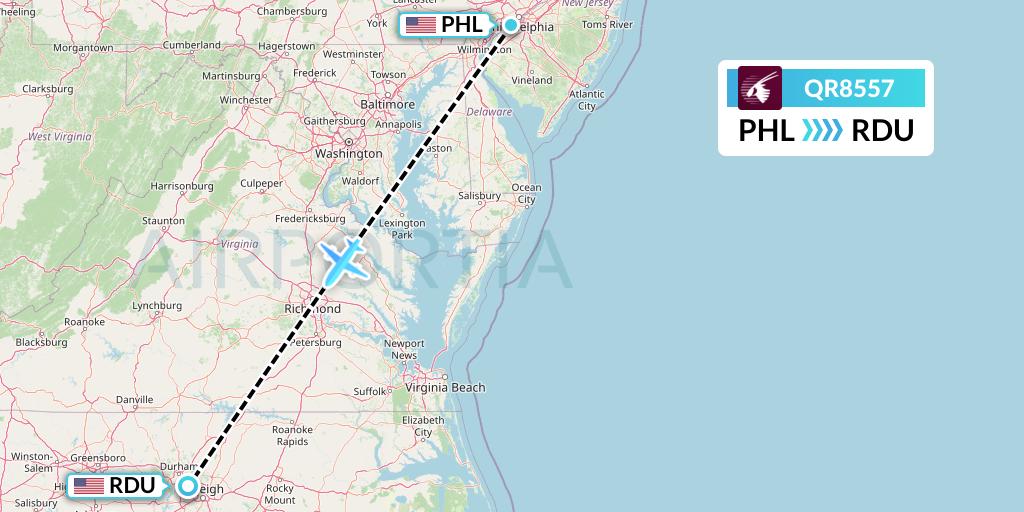 QR8557 Qatar Airways Flight Map: Philadelphia to Raleigh-Durham