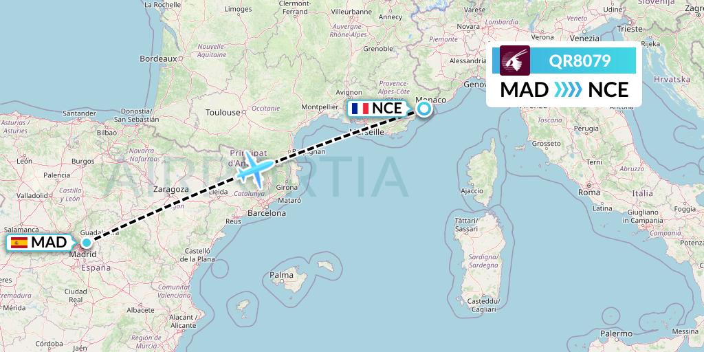 QR8079 Qatar Airways Flight Map: Madrid to Nice