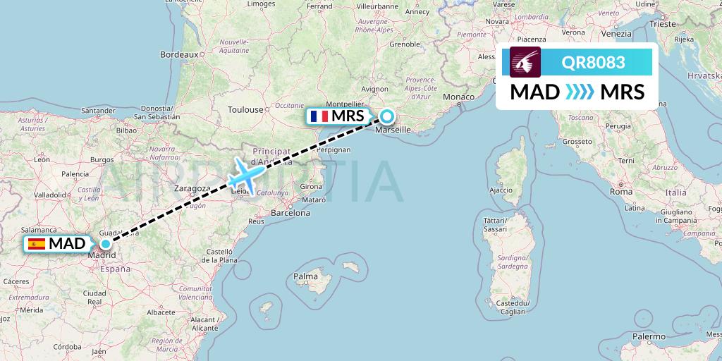 QR8083 Qatar Airways Flight Map: Madrid to Marseille