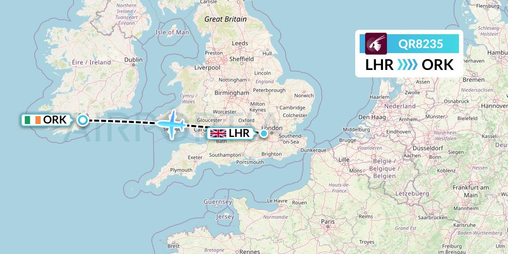 QR8235 Qatar Airways Flight Map: London to Cork