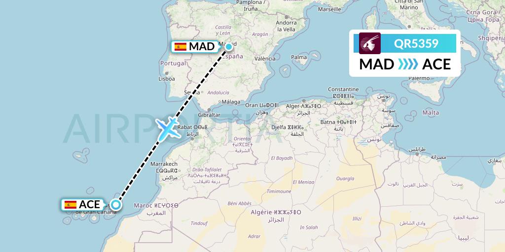 QR5359 Qatar Airways Flight Map: Madrid to Lanzarote