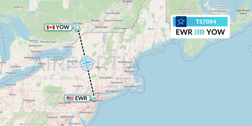TS7094 Air Transat Flight Map: New York to Ottawa