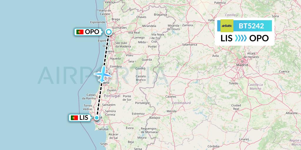 BT5242 Air Baltic Flight Map: Lisbon to Porto