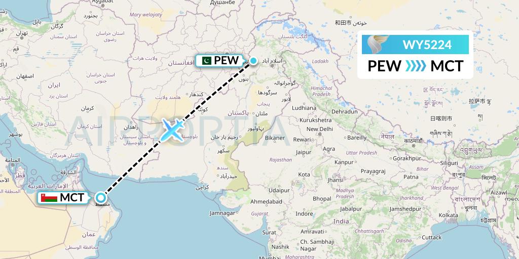 WY5224 Oman Air Flight Map: Peshawar to Muscat