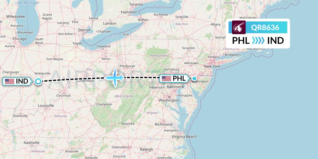 QR8636 Qatar Airways Flight Map: Philadelphia to Indianapolis