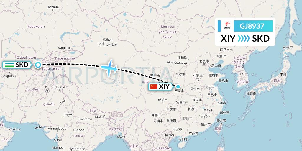 GJ8937 Loong Airlines Flight Map: Xi'an to Samarkand