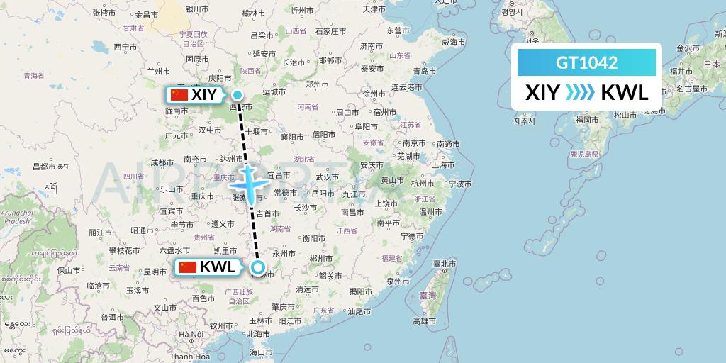GT1042 Air Guilin Flight Map: Xi'an to Guilin