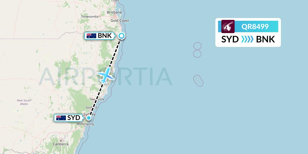 QR8499 Qatar Airways Flight Map: Sydney to Ballina