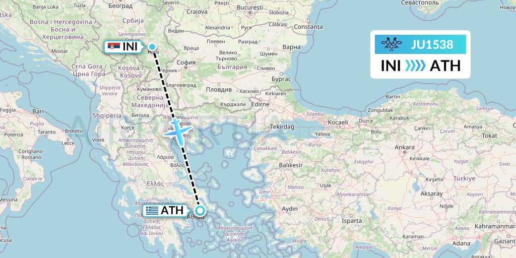 JU1538 AirSERBIA Flight Map: Nis to Athens