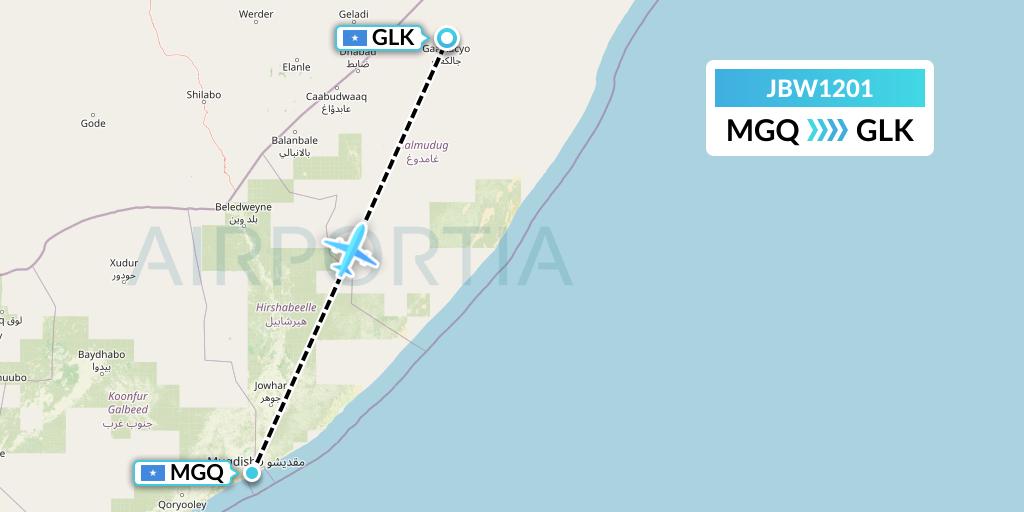JBW1201 Jubba Airways Flight Map: Mogadishu to Galcaio