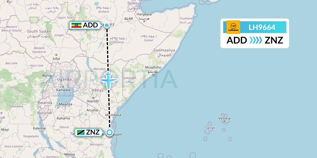 LH9664 Lufthansa Flight Map: Addis Ababa to Zanzibar