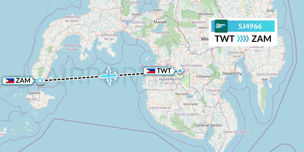 5J4966 CEBU Pacific Air Flight Map: Tawitawi to Zamboanga