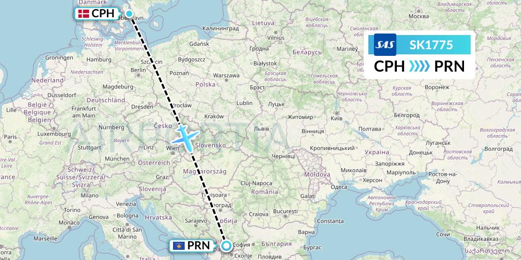 SK1775 SAS Flight Map: Copenhagen to Pristina