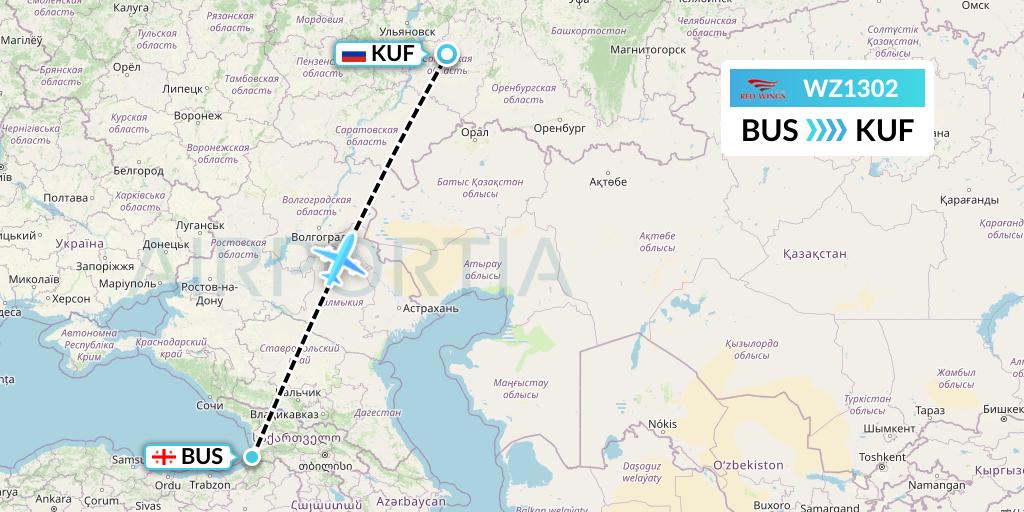 WZ1302 Red Wings Flight Map: Batumi to Samara