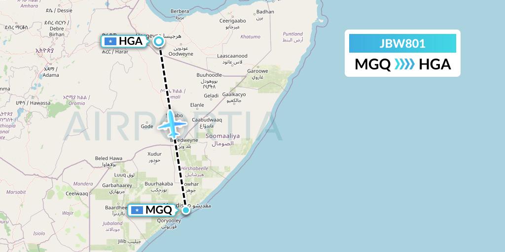 JBW801 Jubba Airways Flight Map: Mogadishu to Hargeisa