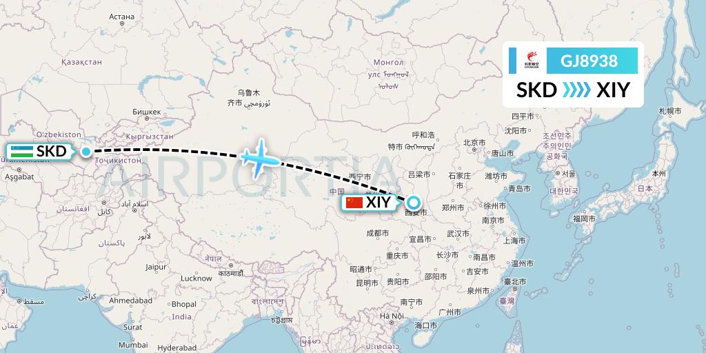 GJ8938 Loong Airlines Flight Map: Samarkand to Xi'an