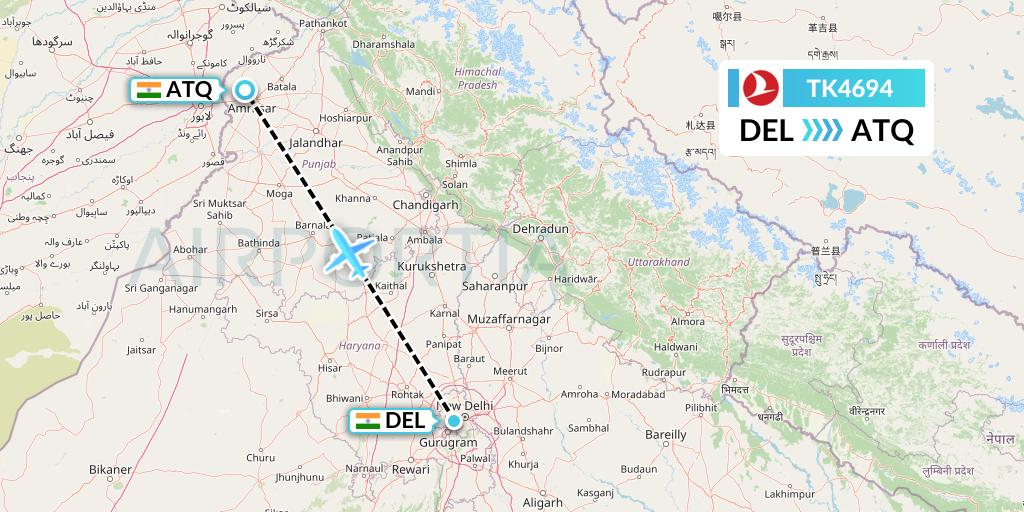 TK4694 Turkish Airlines Flight Map: Delhi to Amritsar