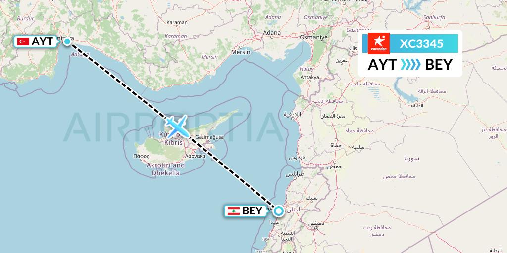 XC3345 Corendon Airlines Flight Map: Antalya to Beirut